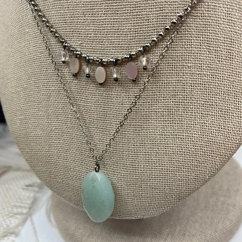 ELLE Sterling Silver Double Strand Amazonite Drop Necklace Created Ruby 16-18in - Picture 4 of 17